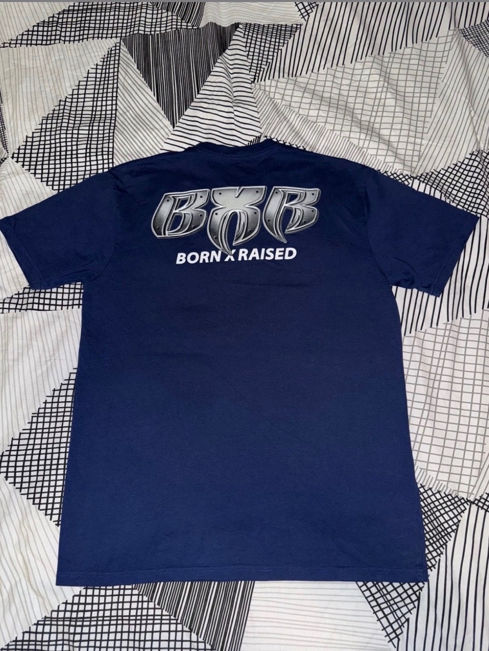 BORN X RAISED Navy Tee with Metallic Silver BXR Logo